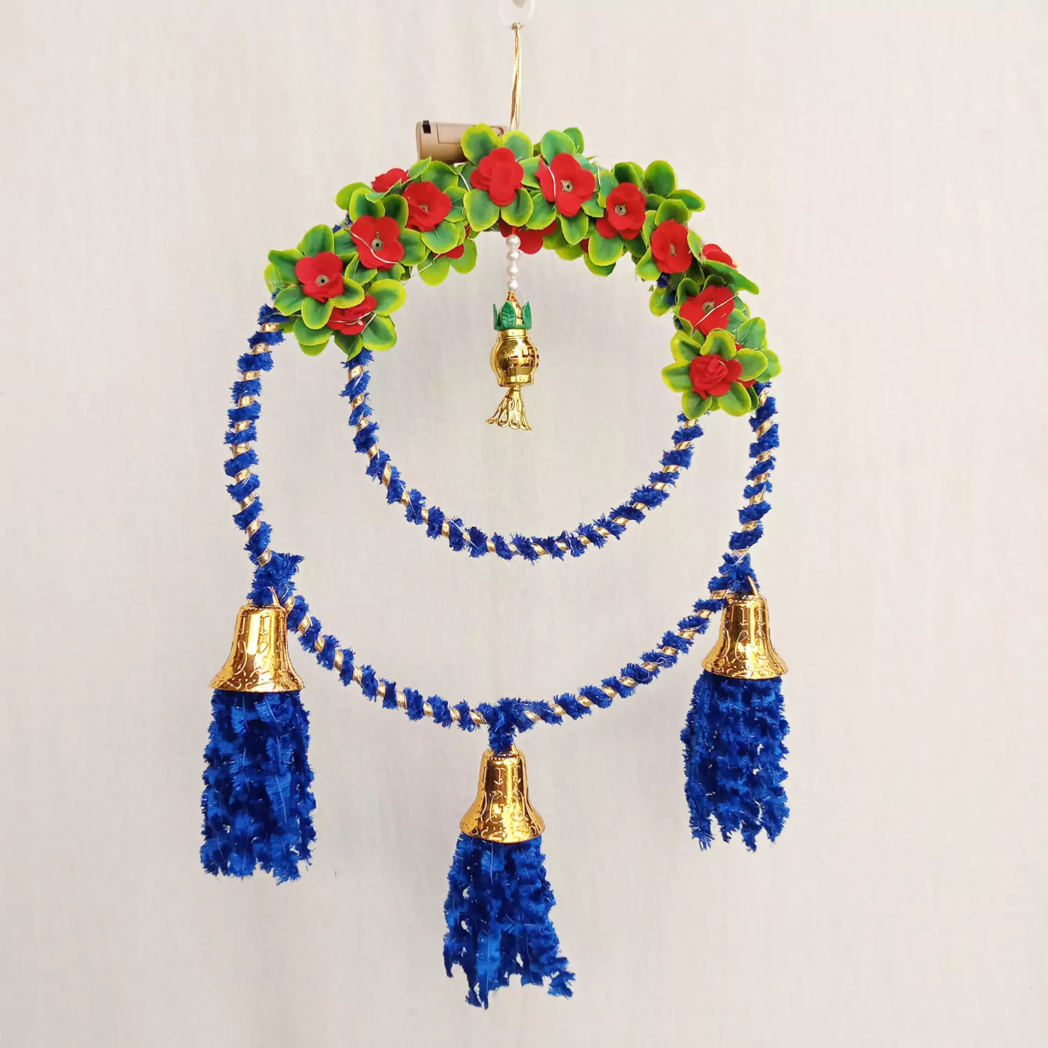 Ring Latkan for Diwali Decoration with Cork Light, Blue wool and Flowers