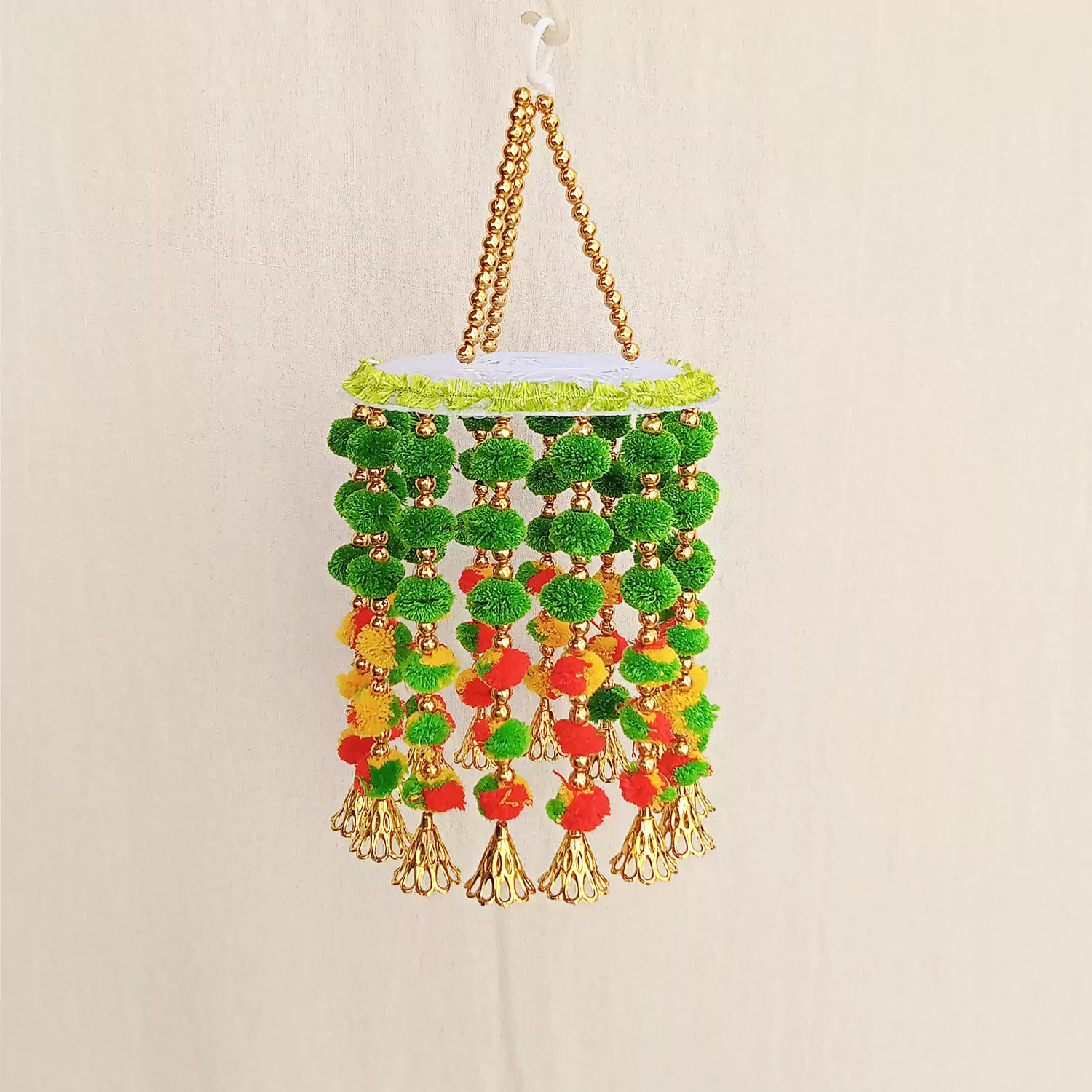 Handmade Jhumar with Pompom , Golden Beads & Ghanti for Diwali Decor