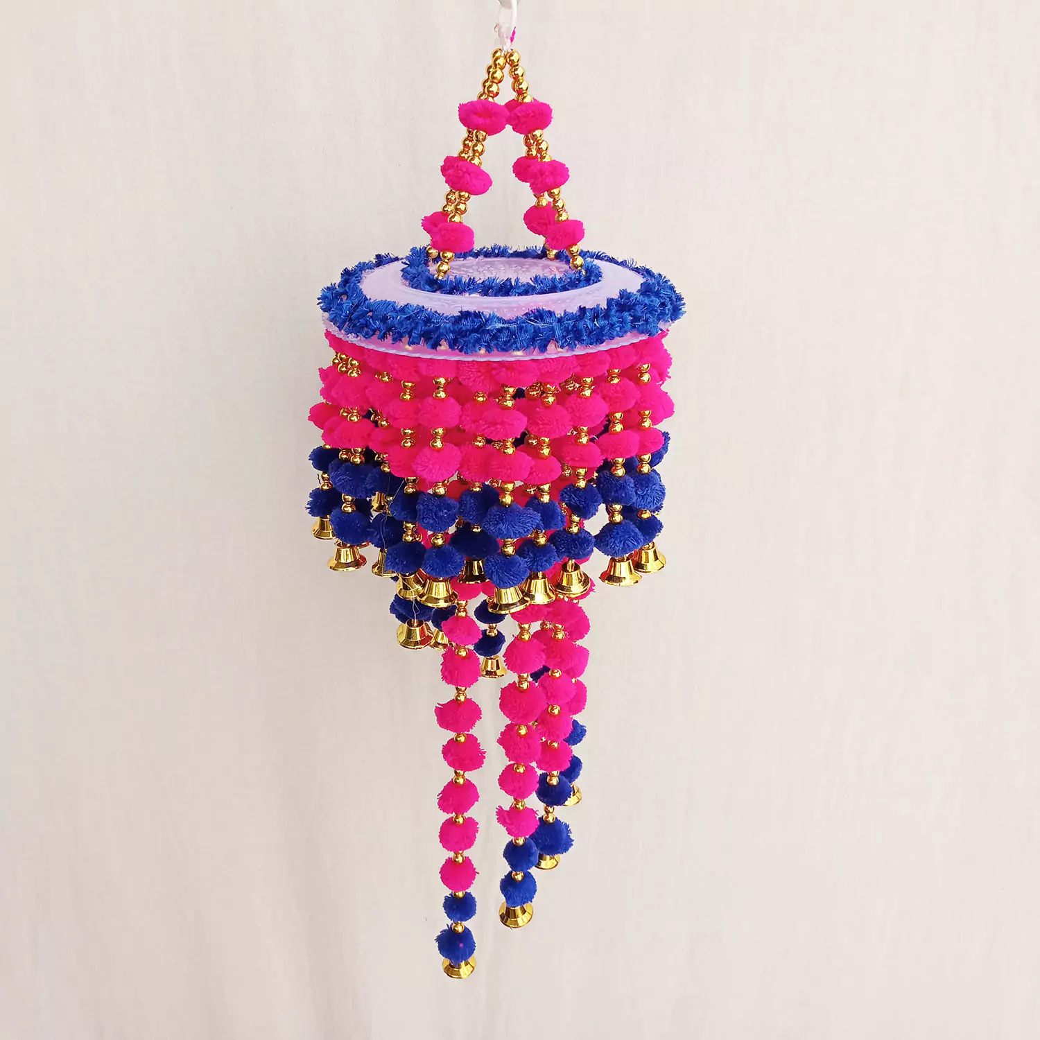 Beautiful Pink & Blue Pompom Three layer Jhumar for Diwali Decor