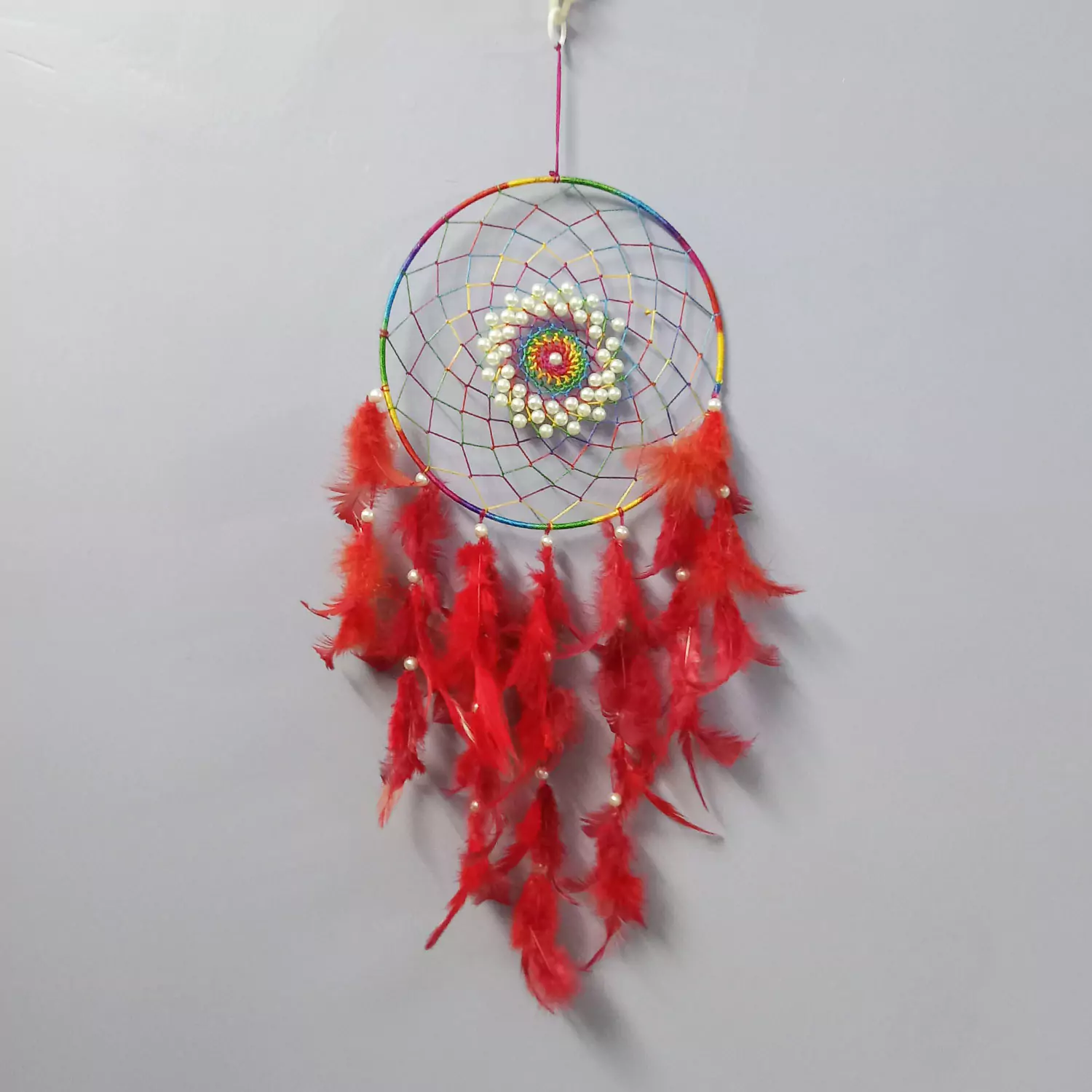 Red Dream Catcher For Wall Hangings, Home Décor, Handmade for Bedroom, Balcony Decorative with Feathers