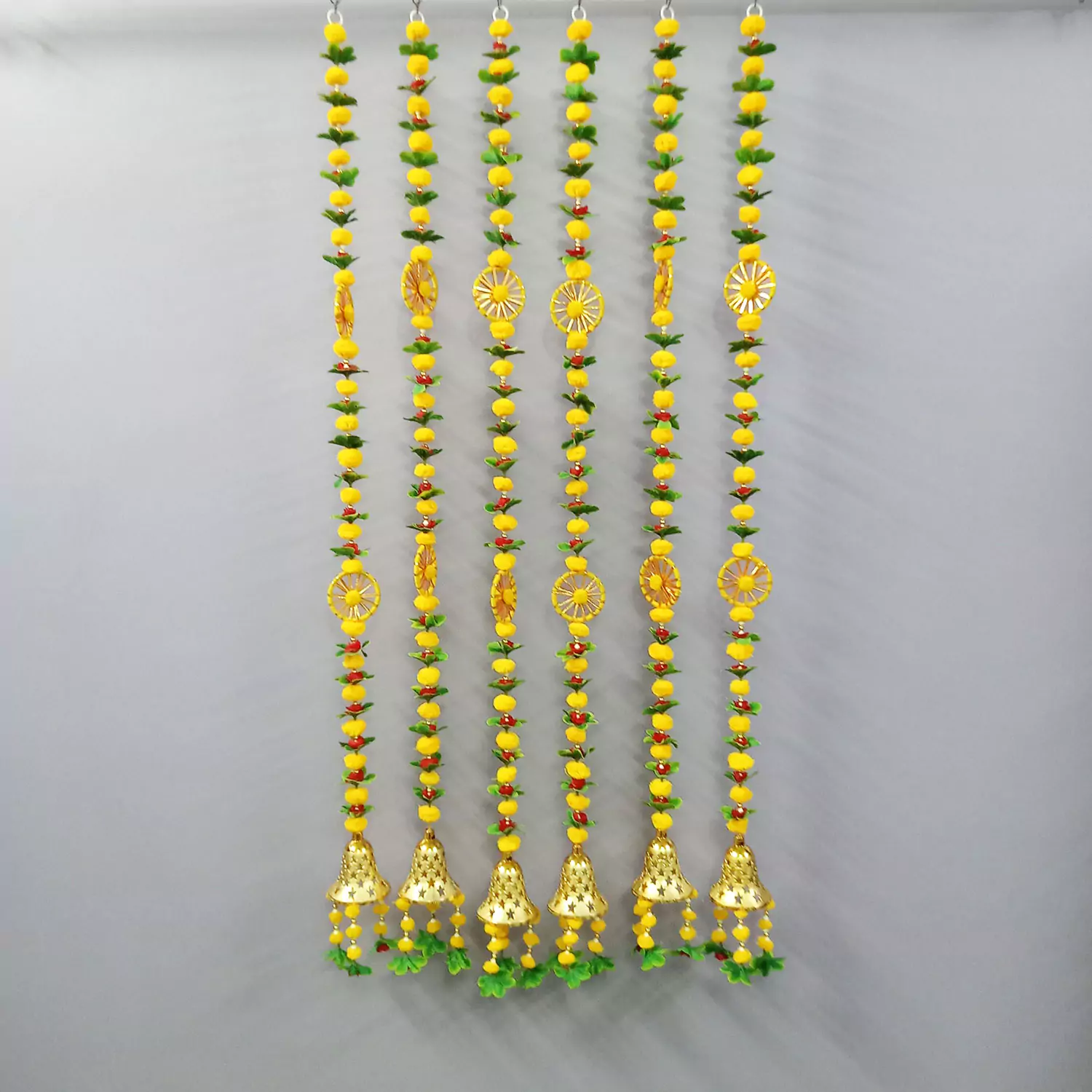 Bright Yellow Pom Pom Latkans for Home Decor Front Door Diwali Wedding, with Golden Ghanti