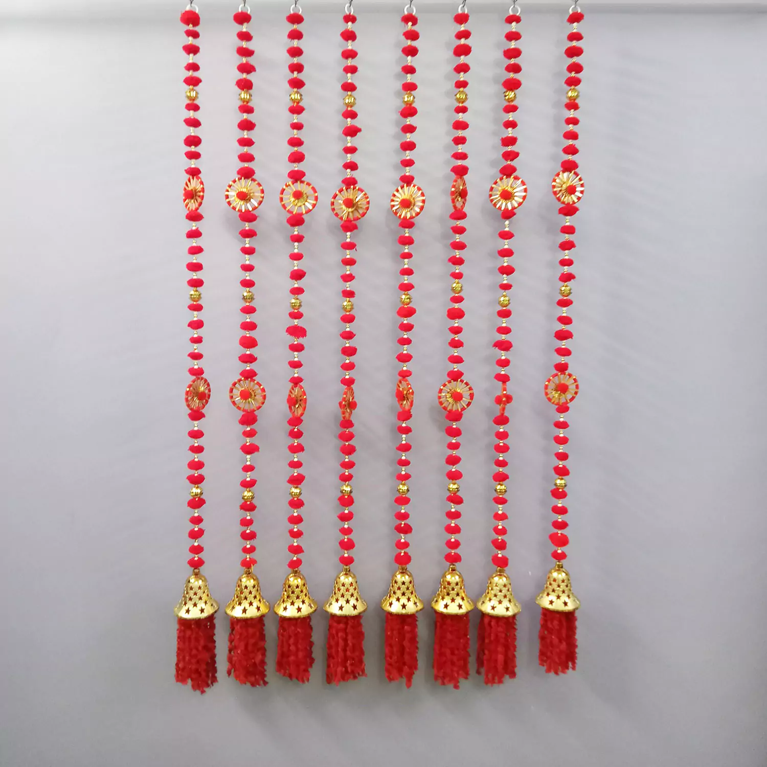 Red PomPom Door Hanging For Diwali Decoration Latkans for Decoration Approx 5 ft- Pack of 2 Strings with Golden Hanging Bells