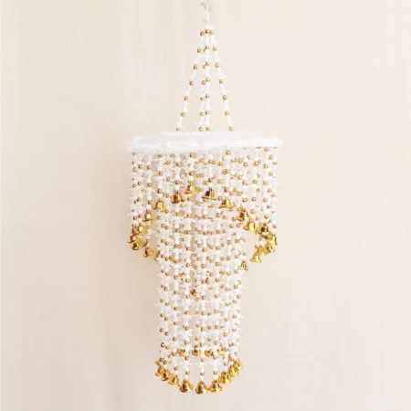 Handmade Jhumar for Diwali Decor White & Golden Beads, Two layer String