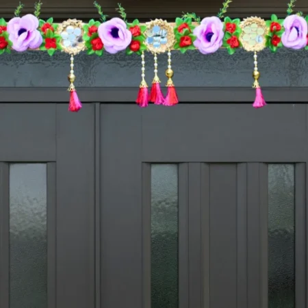 Lotus & Floral Toran with Purple Roses and Golden Tassels
