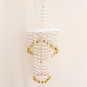 Handmade Jhumar for Diwali Decor White & Golden Beads, Two layer String