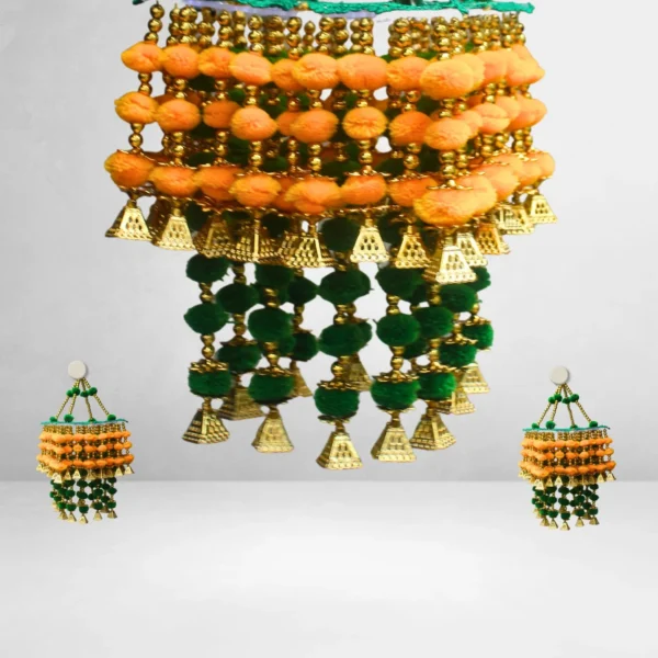 Handmade-orange-green-pom-pom-beaded-jhumar.webp