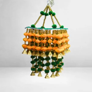 Handmade Orange & Green Pom-Pom Beaded Jhumar with Golden Bells – Diwali & Home Decoration Hanging
