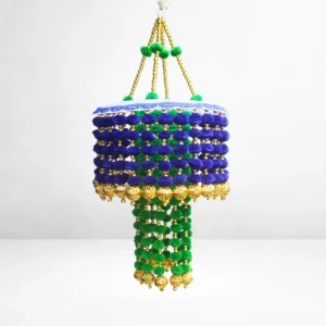 Blue & Green Pom-Pom Beaded Jhumar with Golden Bells – Handmade Hanging Decoration