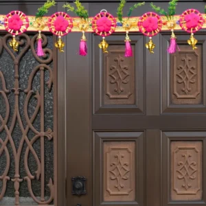 Ethnic Pink Floral Door Toran with Golden Bells & Tassels for Festive Decor