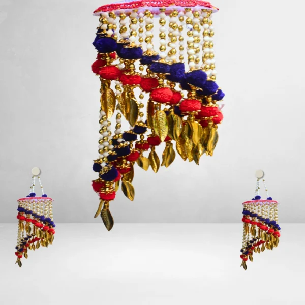 handmade-spiral-beaded-jhumar-with-red-blue-pom-poms.webp