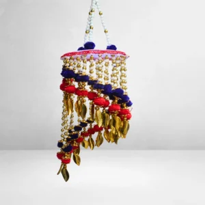 Handmade Spiral Beaded Jhumar with Red & Blue Pom-Poms and Golden Leaf Danglers
