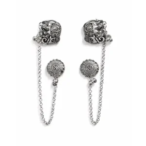 Oxidized Silver Elephant Charm Chain Drop Earrings