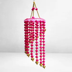 Pink Pom-Pom and Beaded Handmade Jhumar with Golden Decorative Balls for Diwali, Weddings & Home Décor