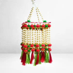 Red & Green Tassel Beaded Jhumar with Golden Chains – Festive Hanging Decoration