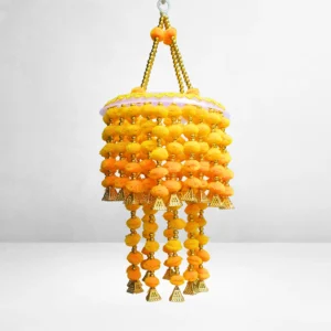 Yellow Orange Pom-Pom Jhumar with Golden Bells for Diwali, Wedding & Festive Decoration