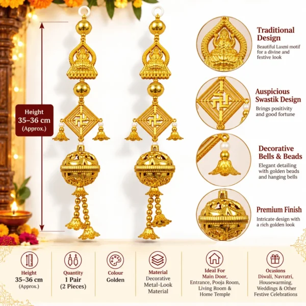 Festive Golden Toran Pair Infographic Ornate Gold Jhumka Pair on White