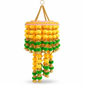 Yellow & Green Pom Pom Jhumar with Golden Beads & Decorative Bells for Diwali