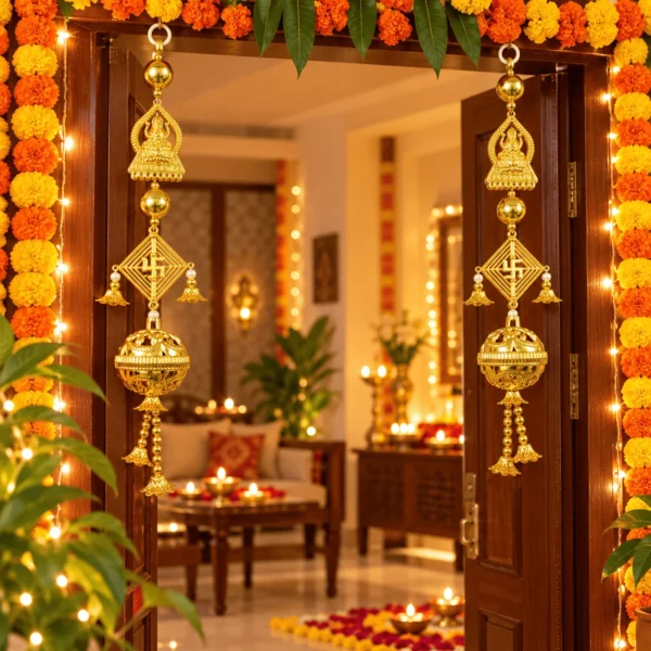 Golden Diwali Doorway with Marigold Torans Ornate Gold Jhumka Pair on White